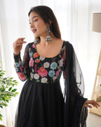 Women Floral Printed Organza Silk Flared Anarkali Kurta Set