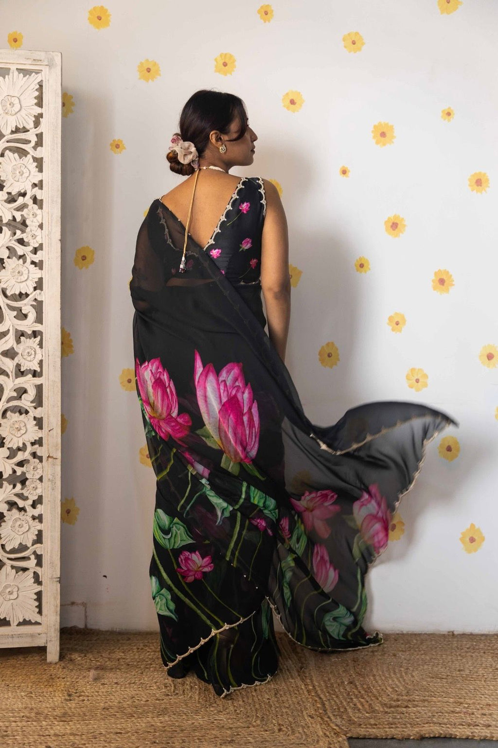 Soft Tabi Organza Floral Saree with Khatali Cut Dana & Moti Work