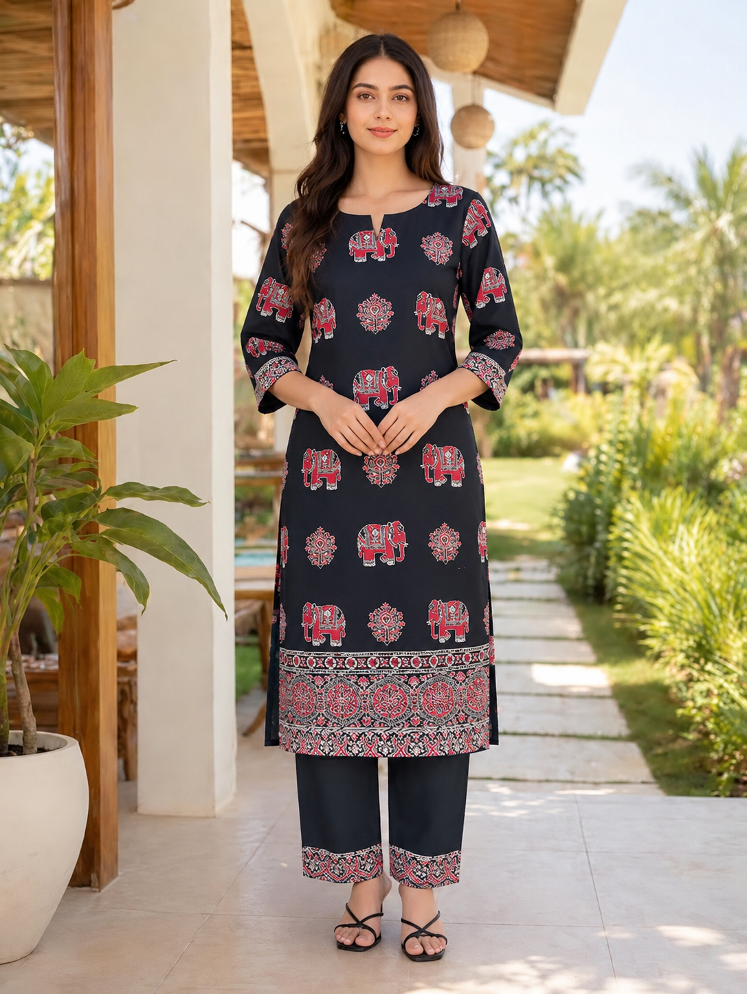 Soft cotton Ajrakh straight kurta set – black, view 3