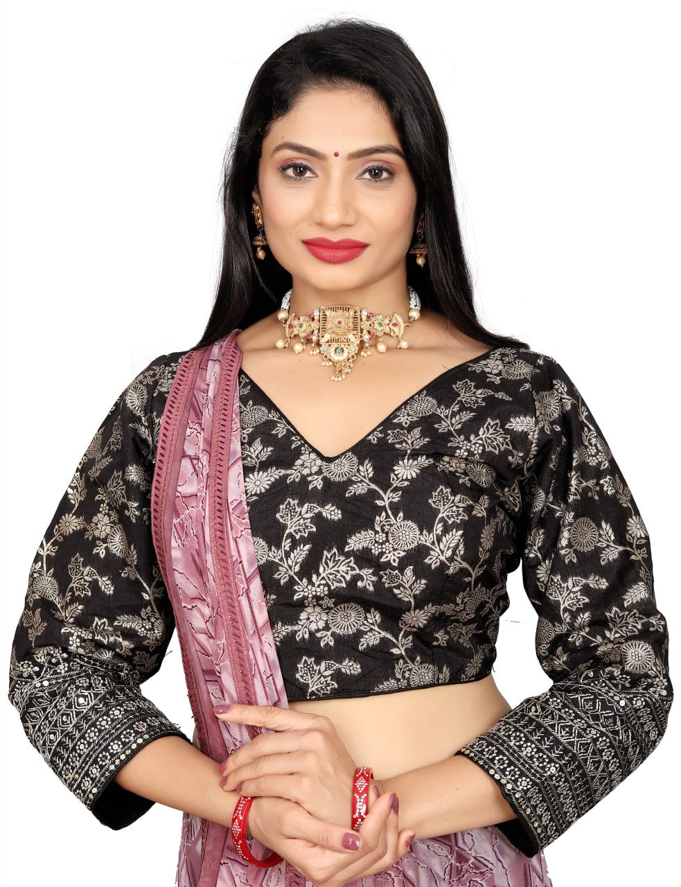 Pure Dola Silk Jacquard Embroidered Blouse