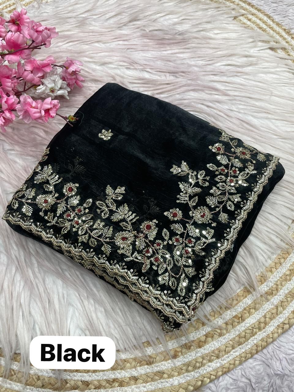 Soft Chiffon Saree With Embroidery Sequence Butti Work