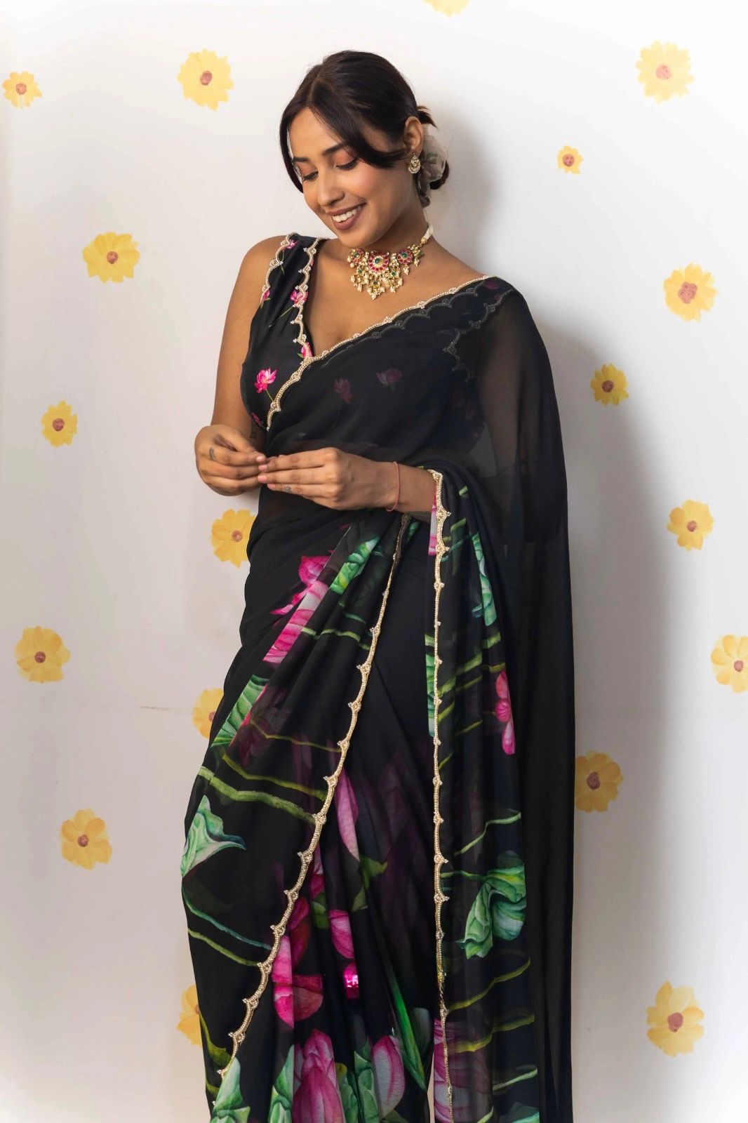 Soft Tabi Organza Floral Saree with Khatali Cut Dana & Moti Work