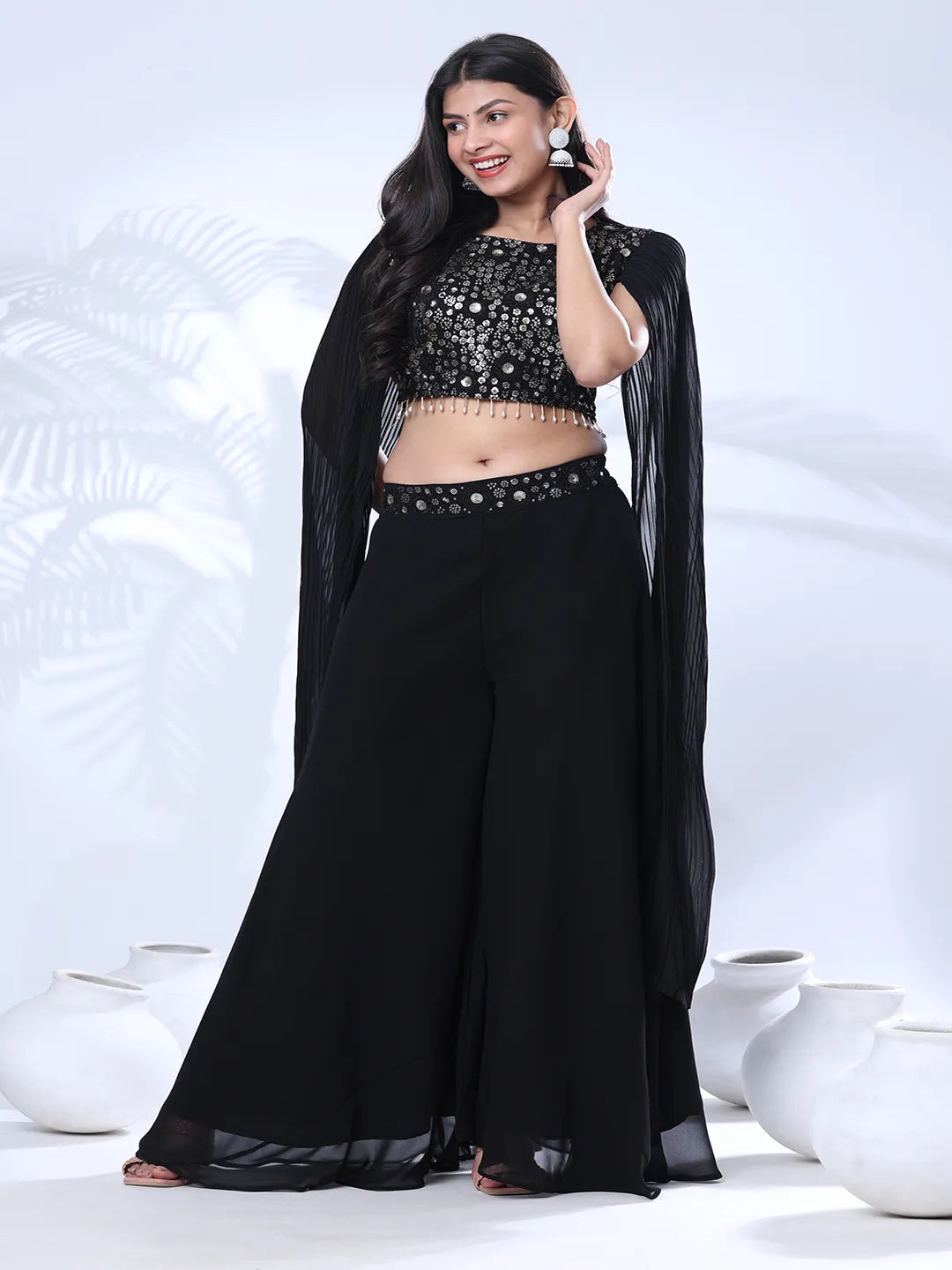 Georgette Floral Embroidered Sequined Crop Top with Palazzo
