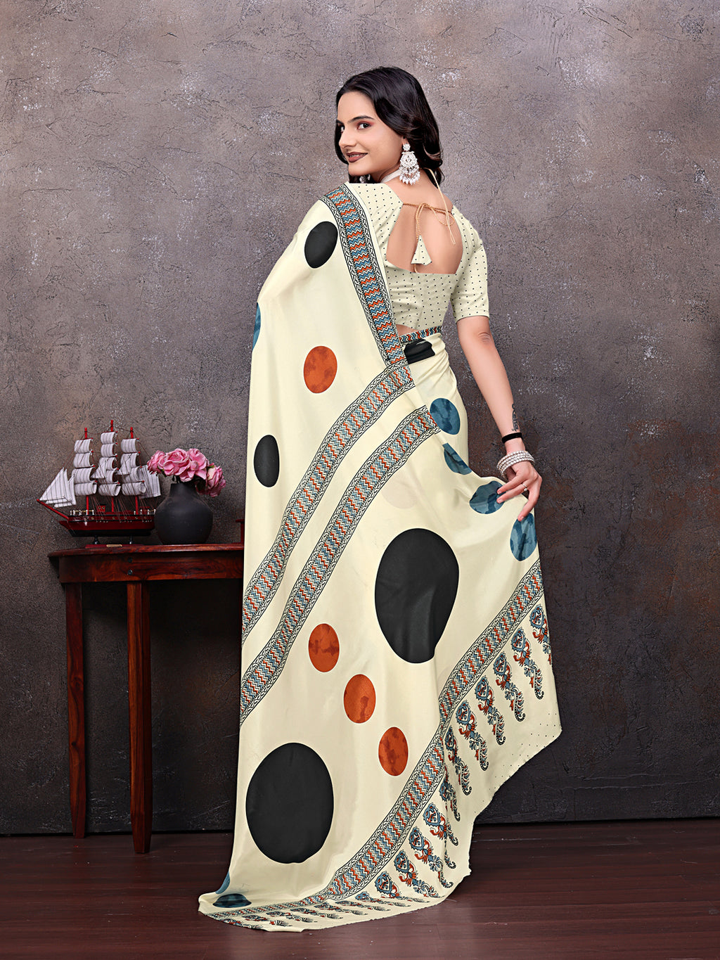 Crepe Silk Casual Wear Cream Color  Saree