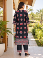Soft cotton Ajrakh straight kurta set – black, view 4
