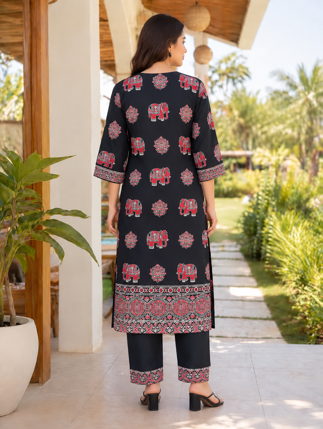 Soft cotton Ajrakh straight kurta set – black, view 4