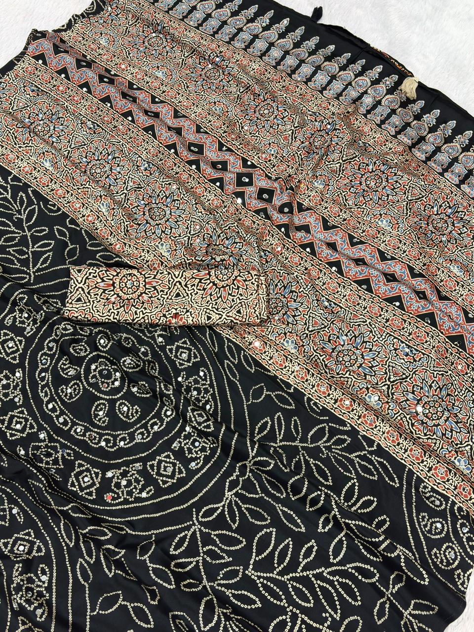 Soft Satin Ajrakh Printed Mirror Work Saree with Lace Border