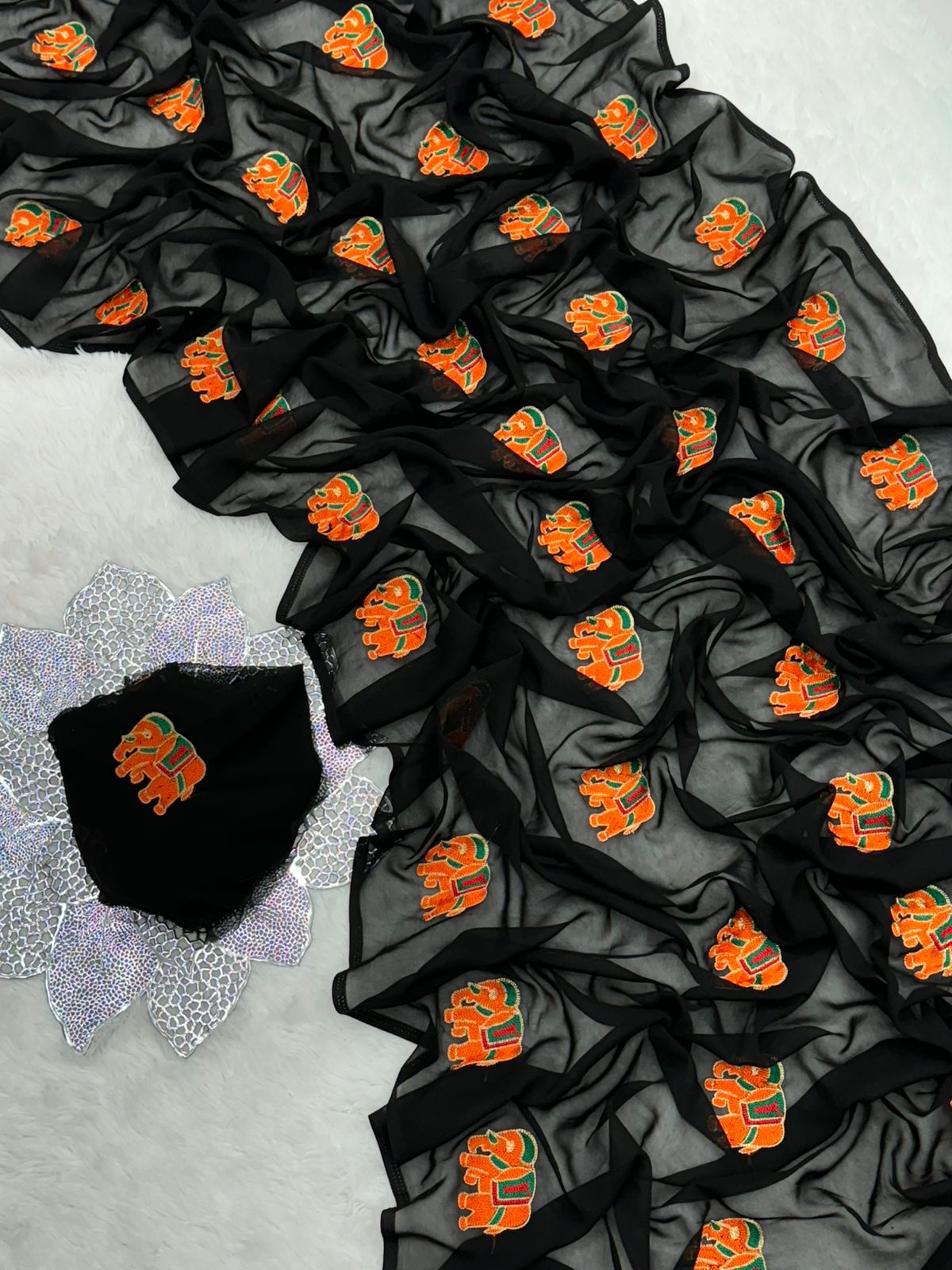 Traditional Gamthi Work Georgette Saree with All Over Embroidery
