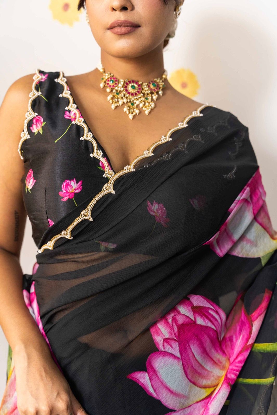 Soft Tabi Organza Floral Saree with Khatali Cut Dana & Moti Work