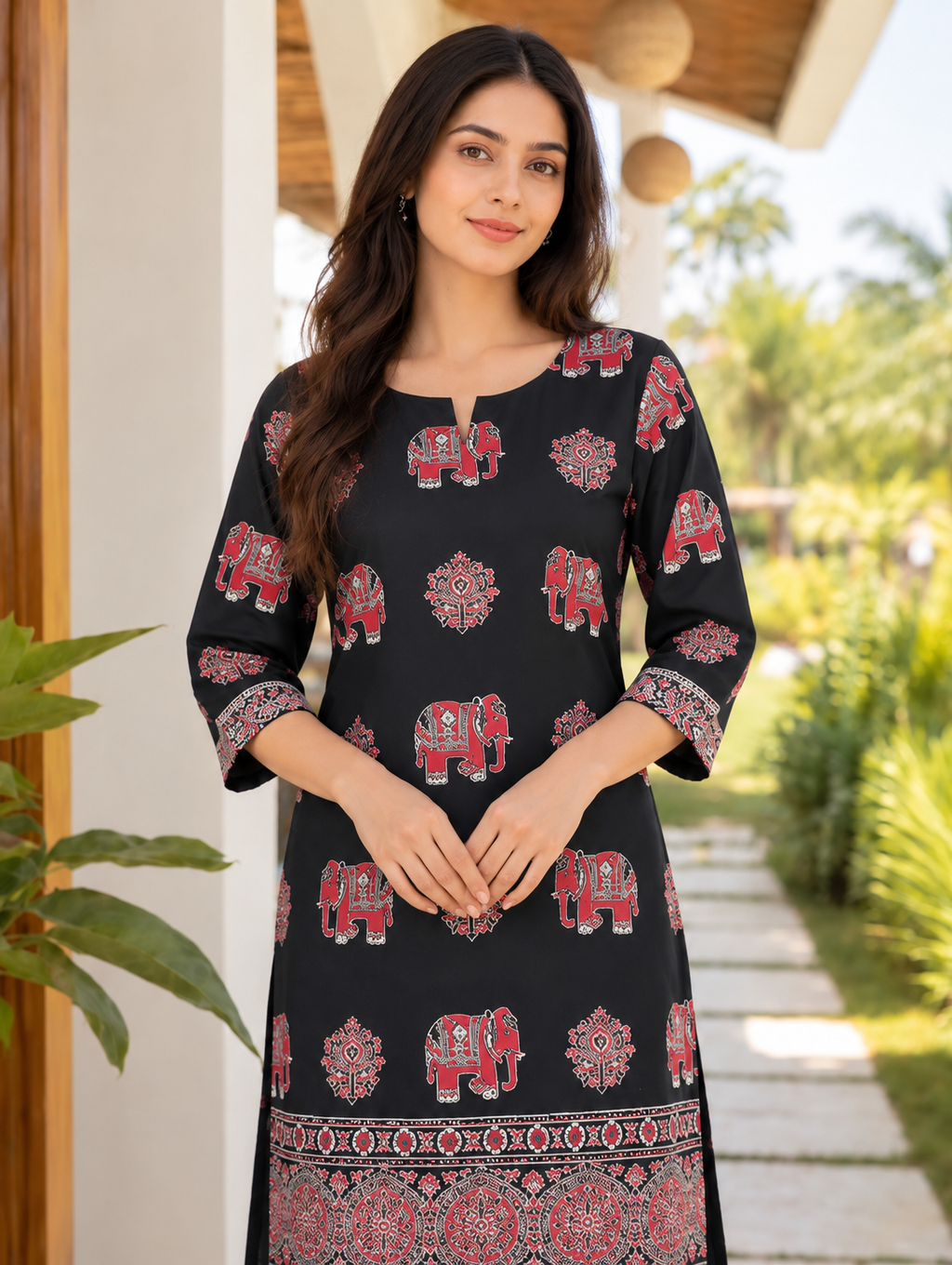Soft cotton Ajrakh straight kurta set – black, view 5