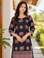 Soft cotton Ajrakh straight kurta set – black, view 5