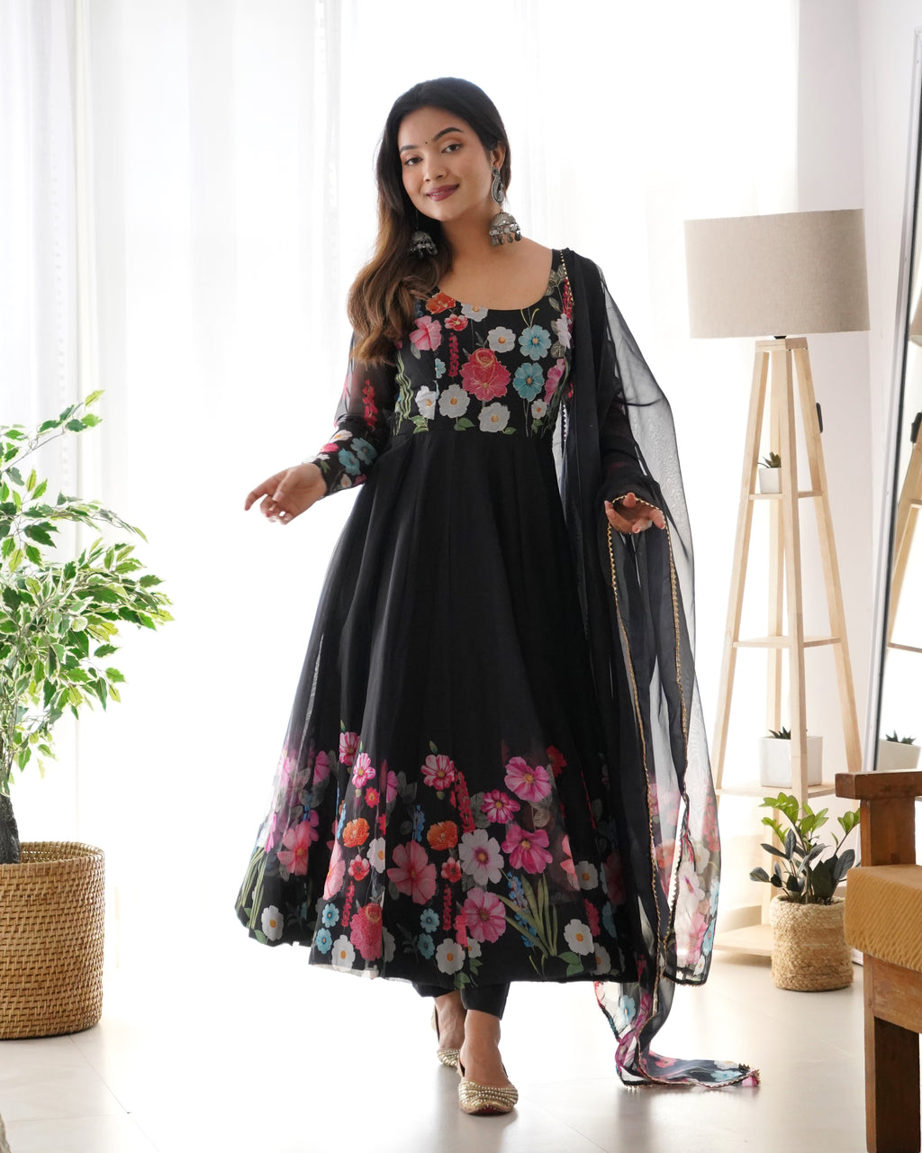 Women Floral Printed Organza Silk Flared Anarkali Kurta Set