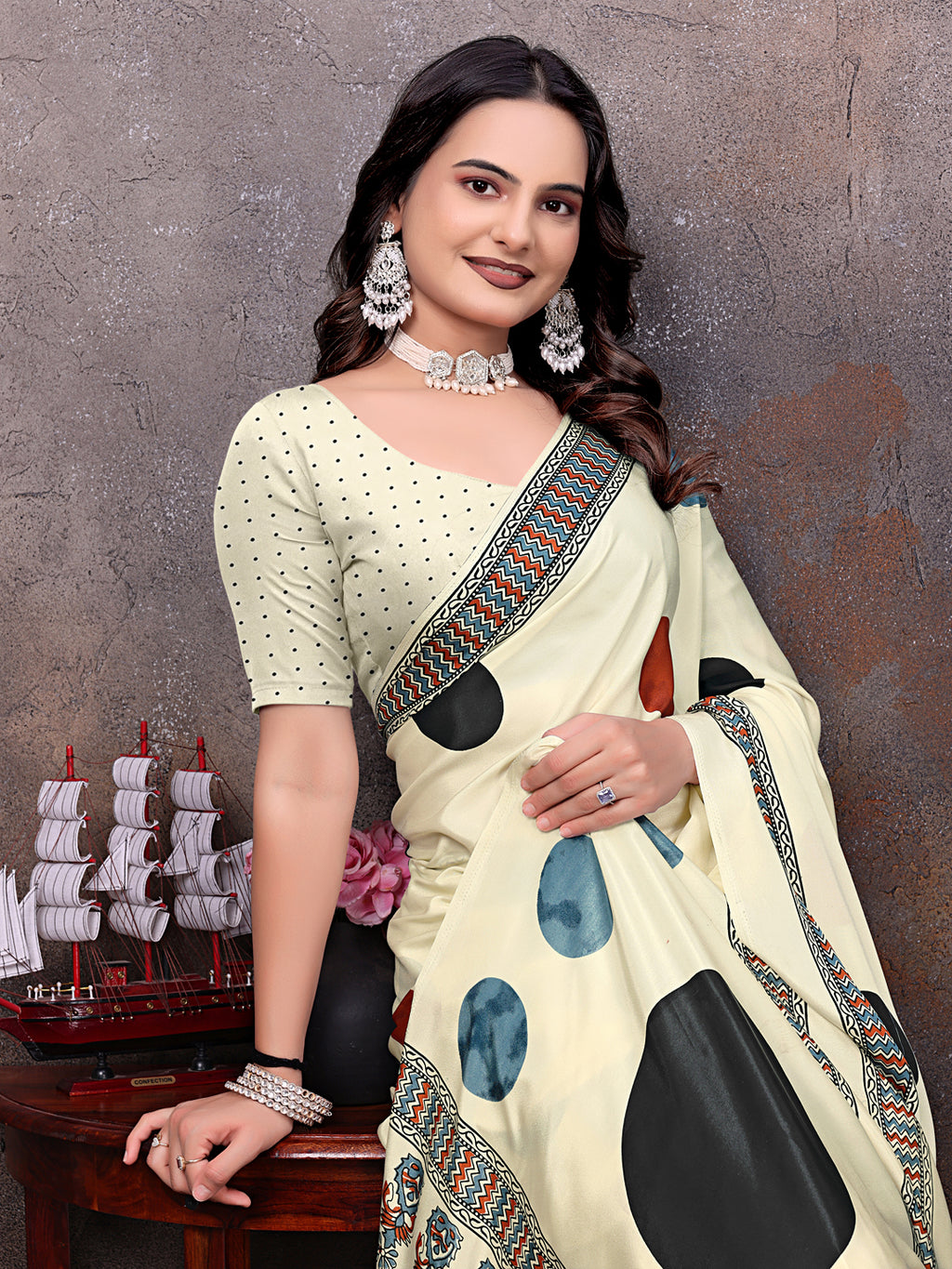 Crepe Silk Casual Wear Cream Color  Saree