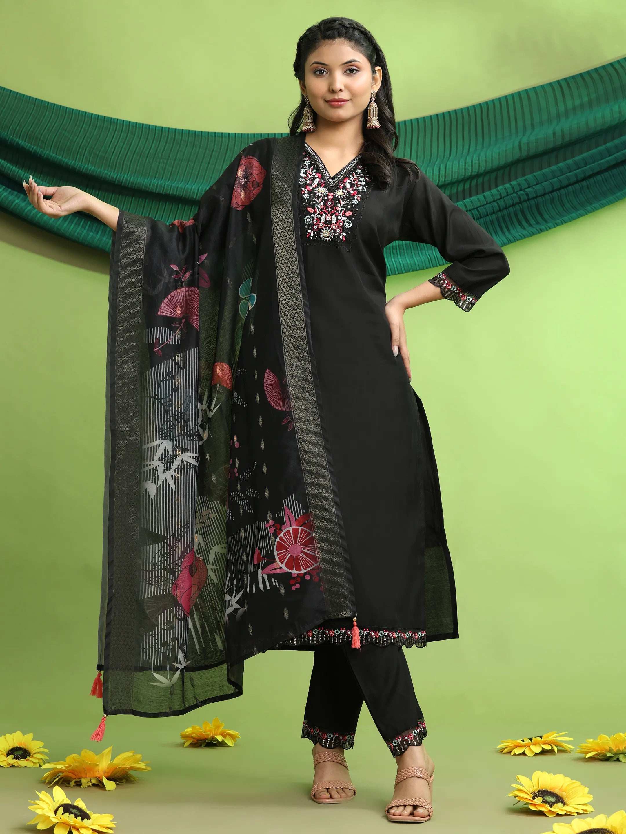 Roman Silk Embroidery Hand Work Kurta Pant Set With Dupatta