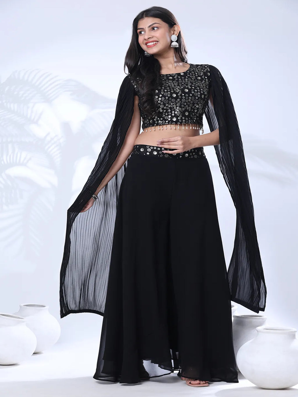 Georgette Floral Embroidered Sequined Crop Top with Palazzo