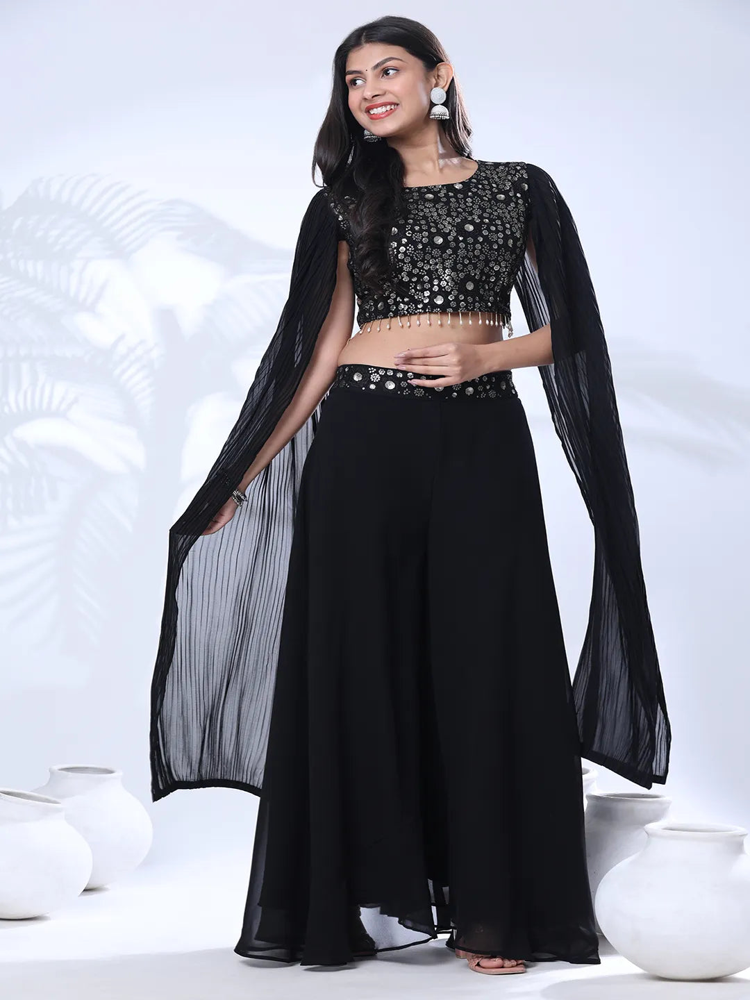 Georgette Floral Embroidered Sequined Crop Top with Palazzo