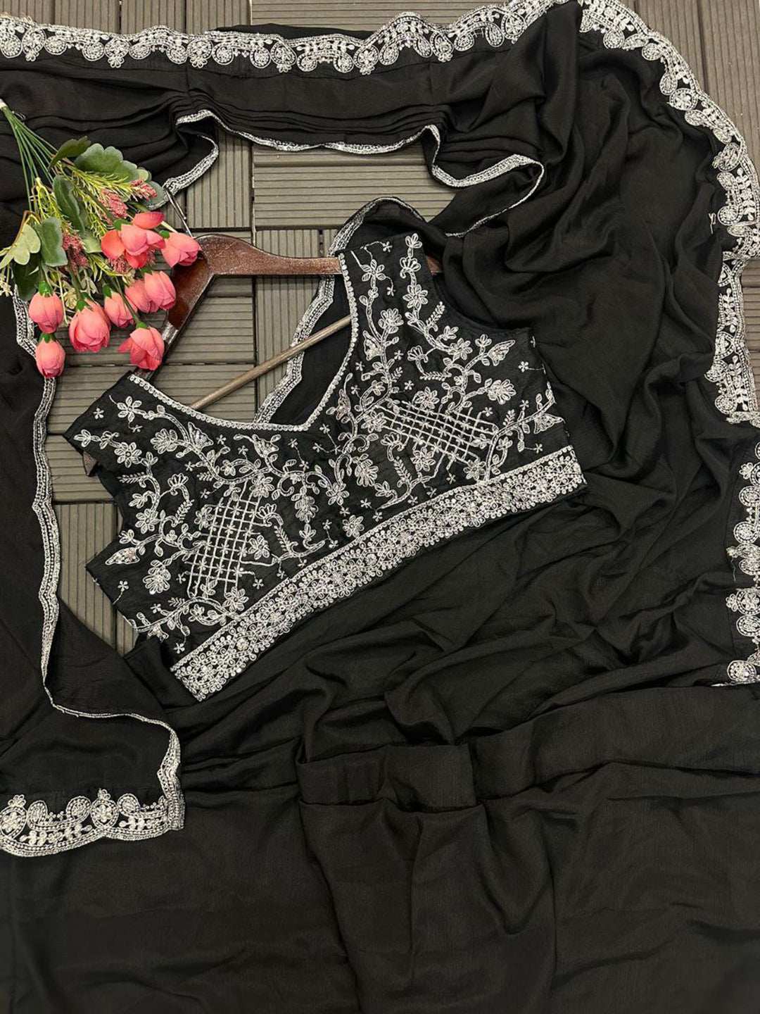 Embroidery Cording Work Ready To Wear Saree