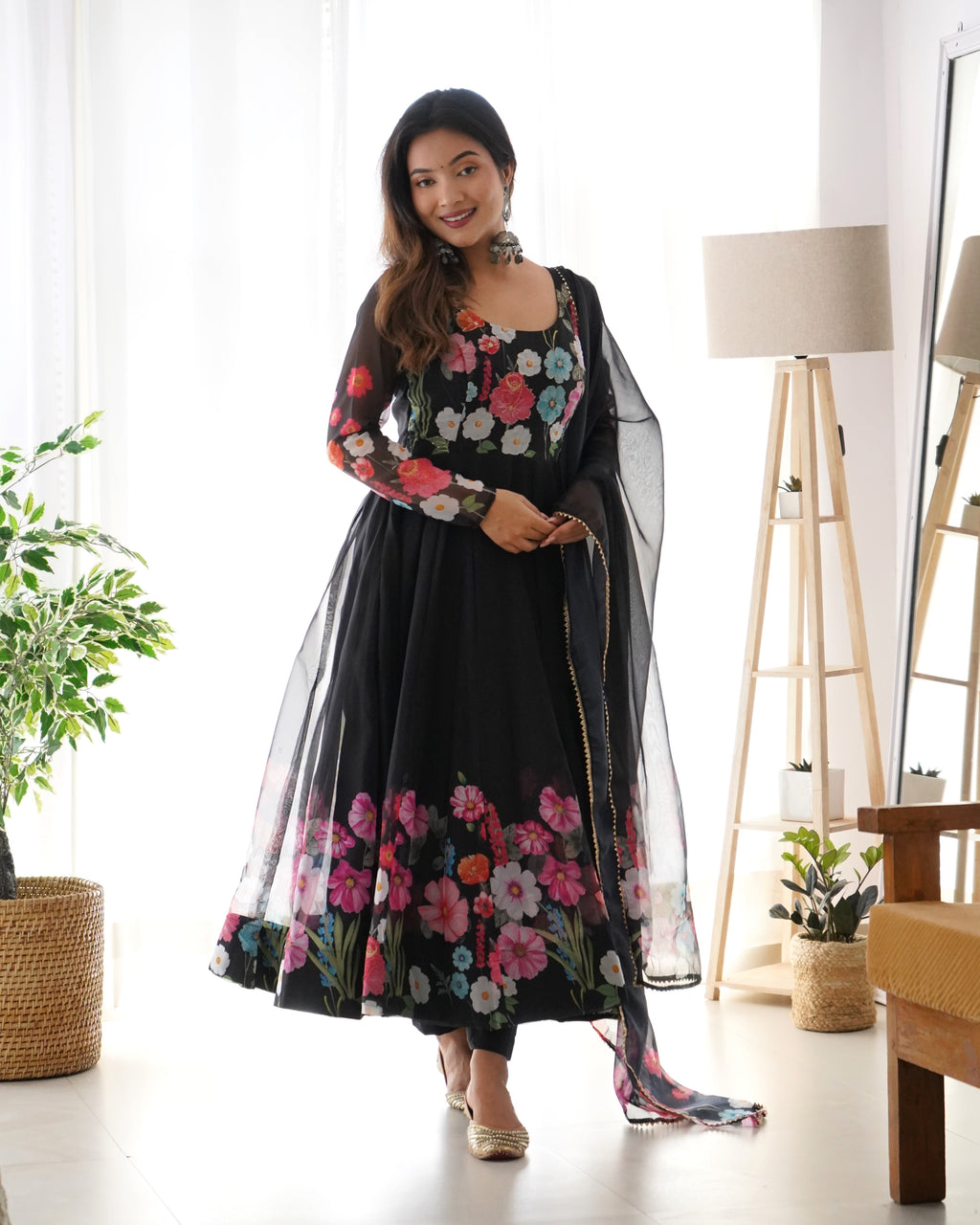 Women Floral Printed Organza Silk Flared Anarkali Kurta Set