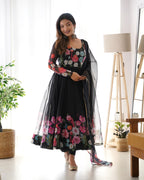 Women Floral Printed Organza Silk Flared Anarkali Kurta Set