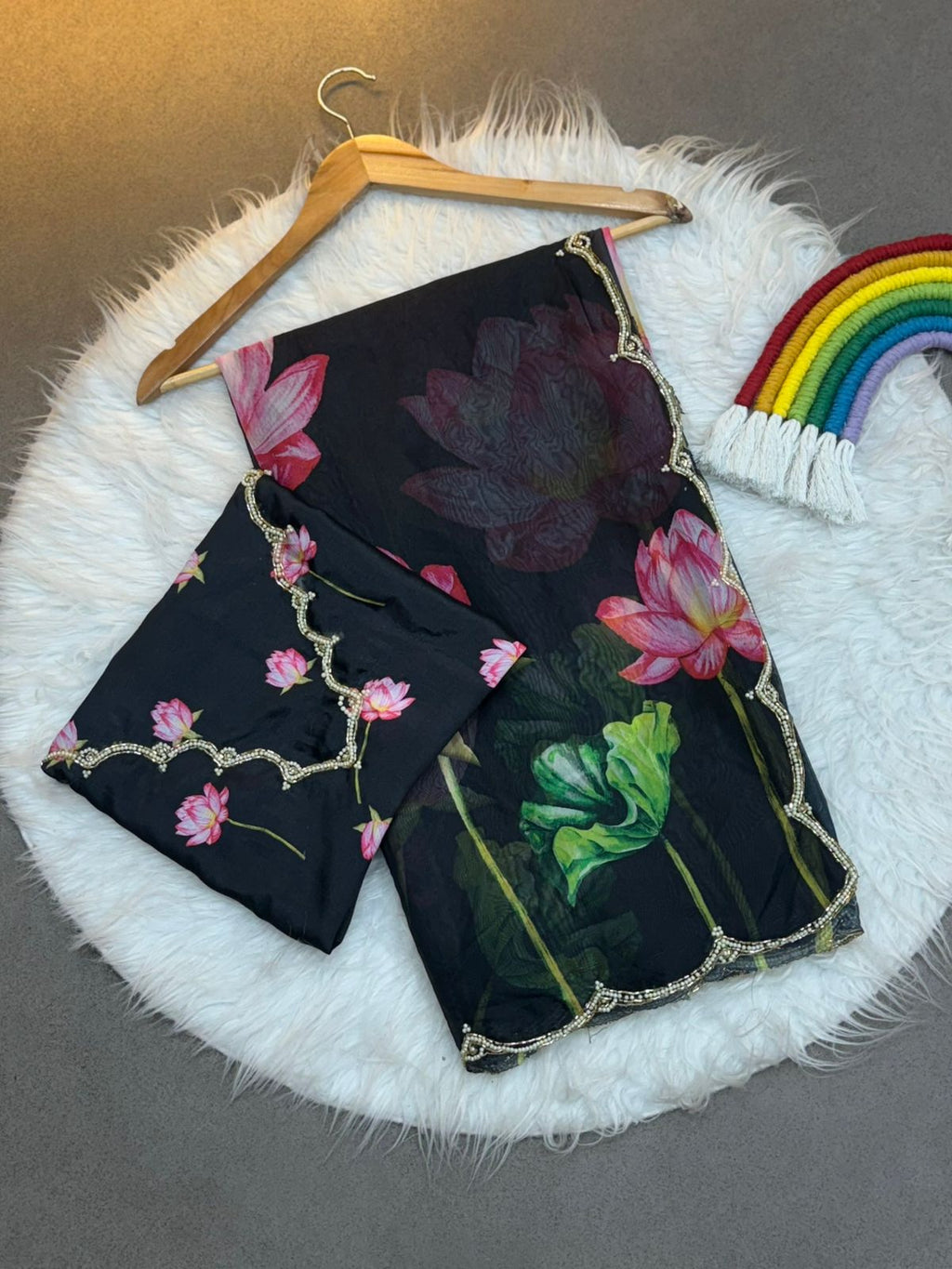 Soft Tabi Organza Floral Saree with Khatali Cut Dana & Moti Work
