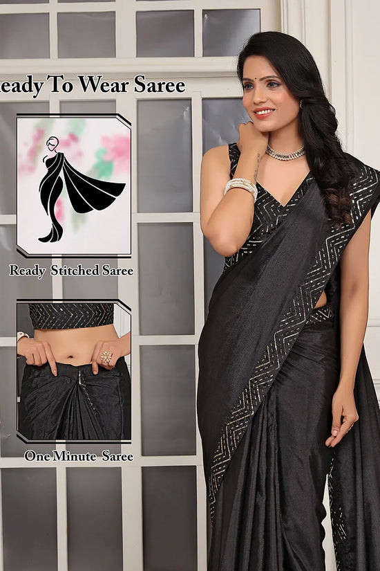 Pionex Ready To Wear Chinon Solid Saree With Embroidered Border