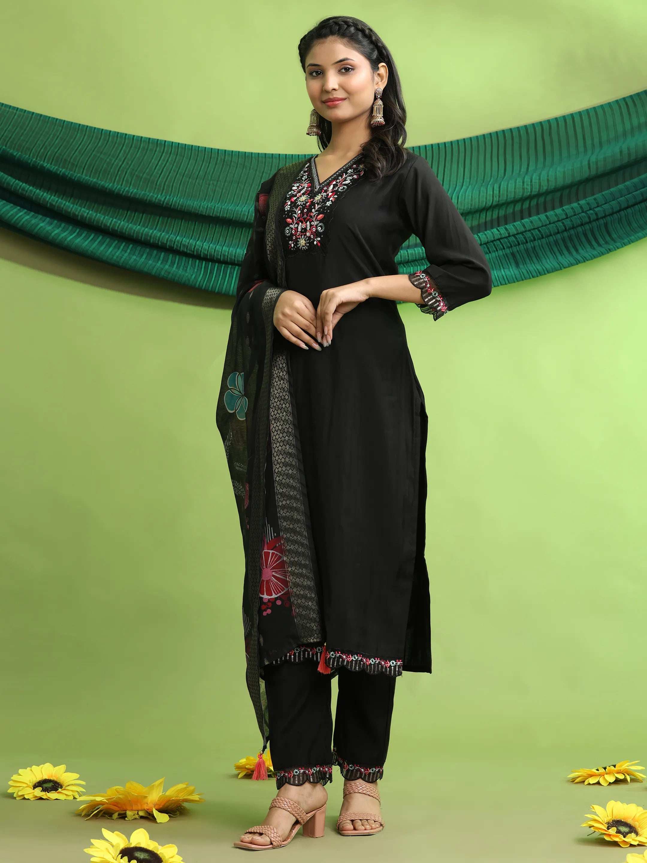 Roman Silk Embroidery Hand Work Kurta Pant Set With Dupatta