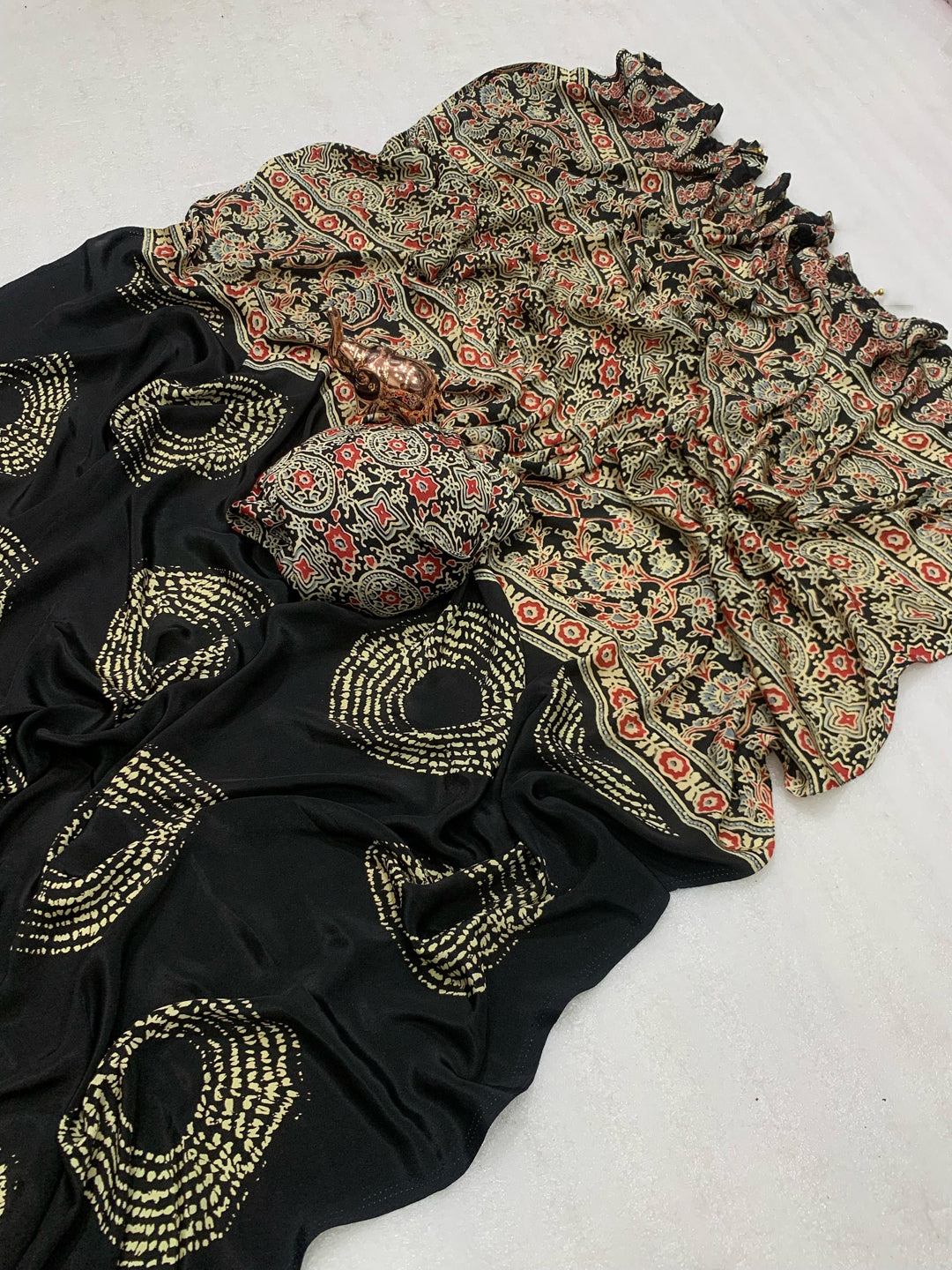 Satin Silk Saree with Ajrakh-Inspired Print & Circular Pallu Design