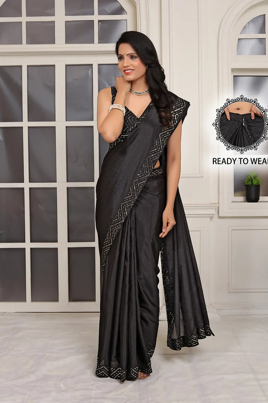 Pionex Ready To Wear Chinon Solid Saree With Embroidered Border