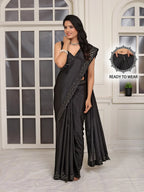 Pionex Ready To Wear Chinon Solid Saree With Embroidered Border