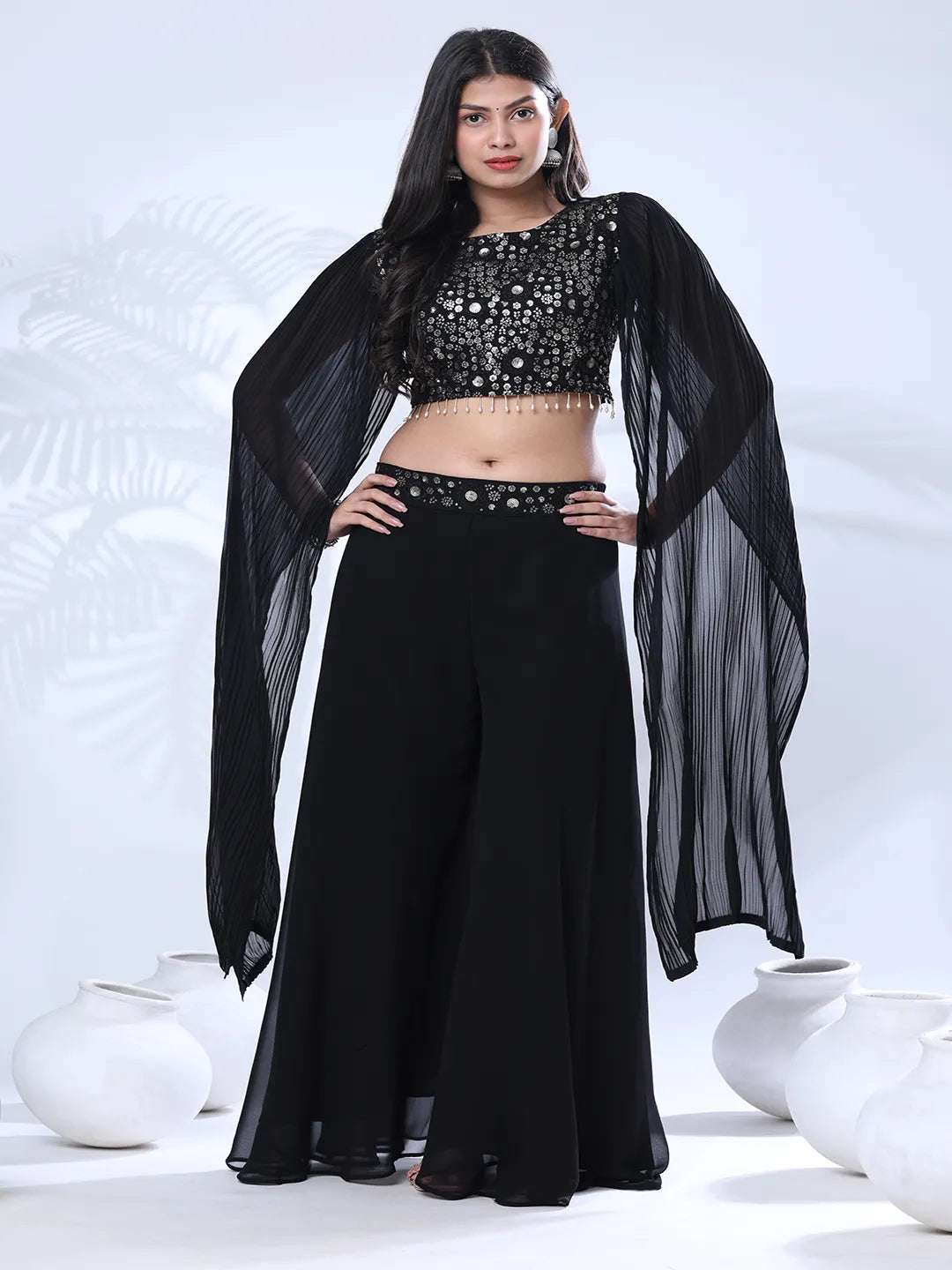 Georgette Floral Embroidered Sequined Crop Top with Palazzo