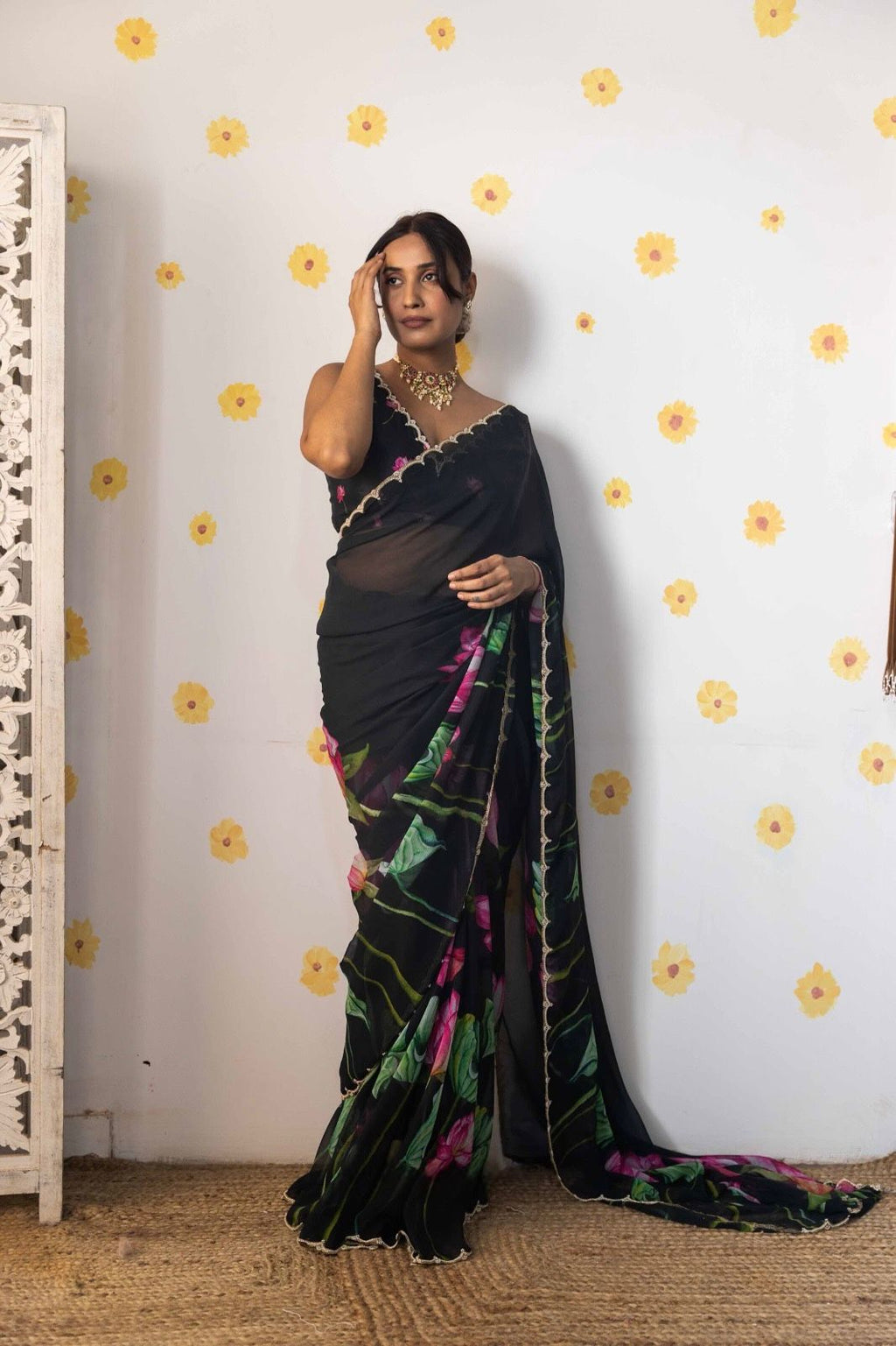 Soft Tabi Organza Floral Saree with Khatali Cut Dana & Moti Work
