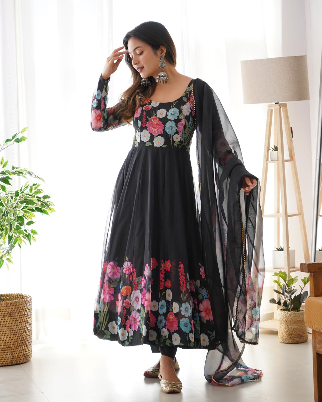 Women Floral Printed Organza Silk Flared Anarkali Kurta Set