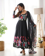 Women Floral Printed Organza Silk Flared Anarkali Kurta Set