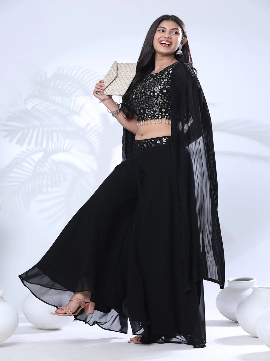 Georgette Floral Embroidered Sequined Crop Top with Palazzo