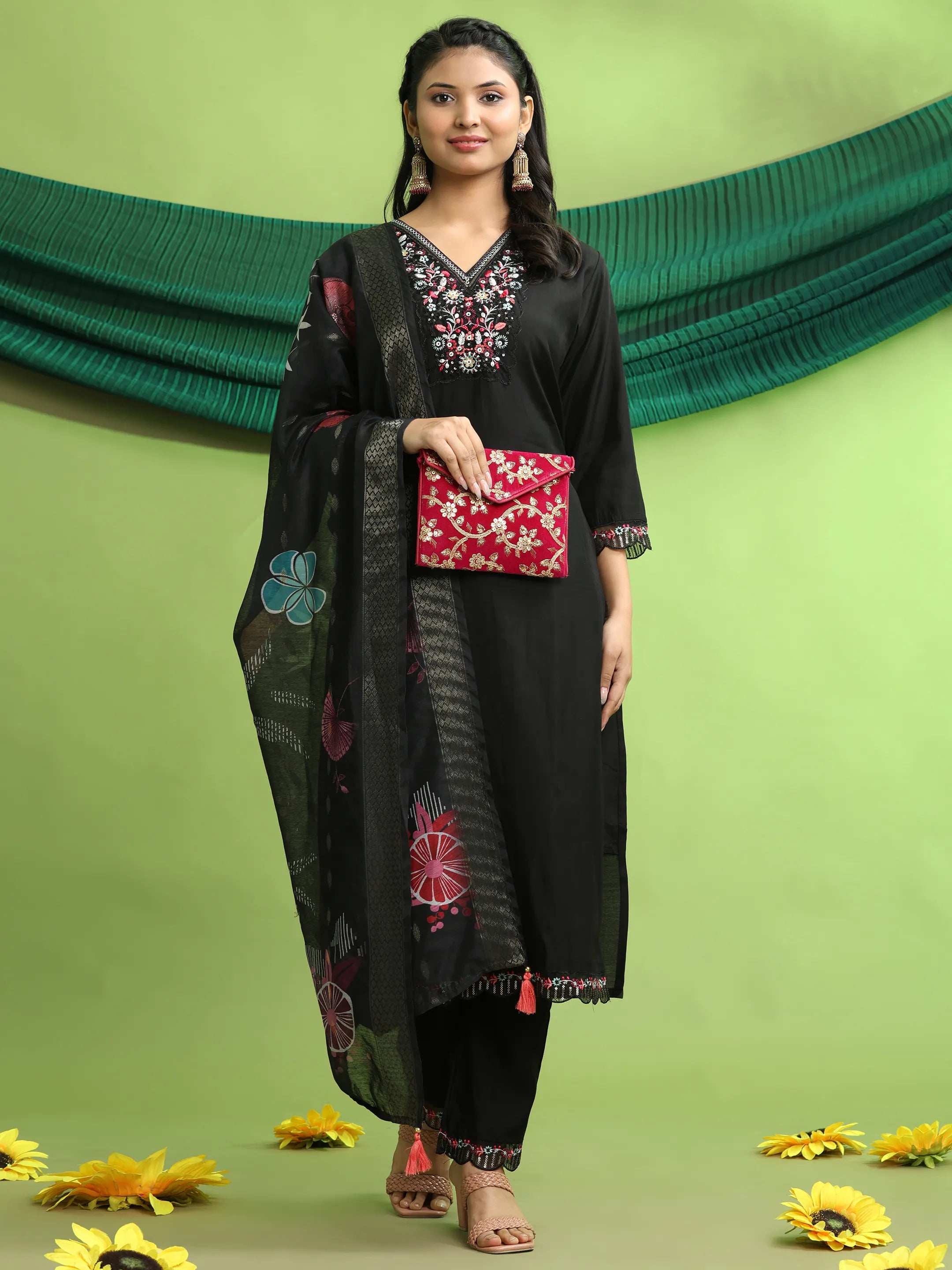Roman Silk Embroidery Hand Work Kurta Pant Set With Dupatta