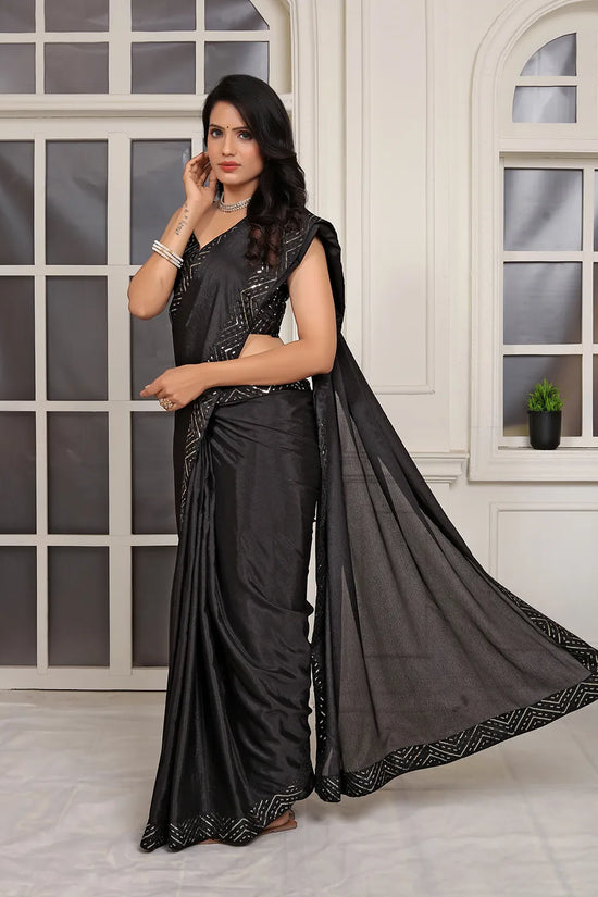 Pionex Ready To Wear Chinon Solid Saree With Embroidered Border