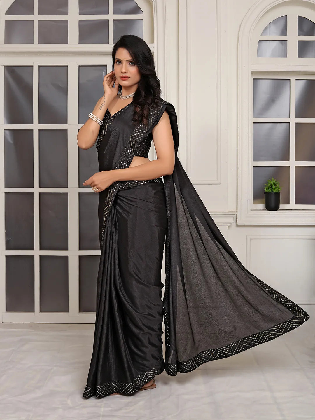 Pionex Ready To Wear Chinon Solid Saree With Embroidered Border