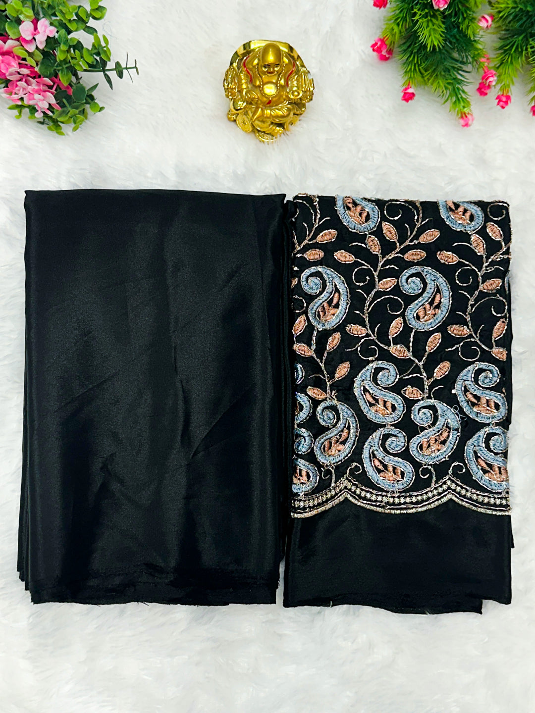 Plain Solid Silk Saree with Embroidered Thread, Beads work Blouse