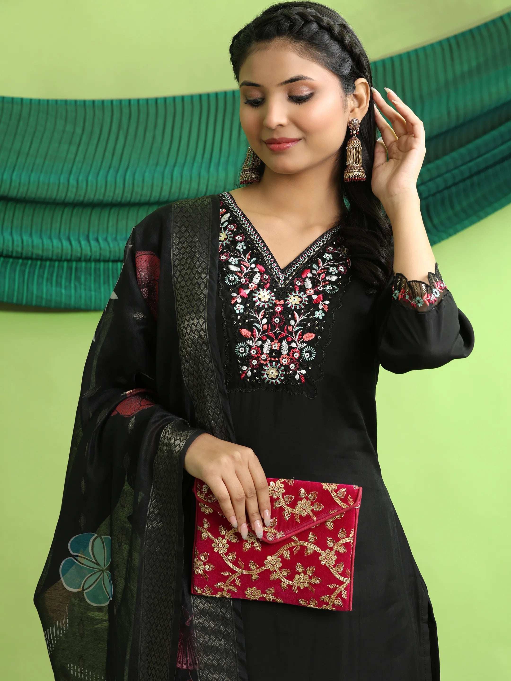 Roman Silk Embroidery Hand Work Kurta Pant Set With Dupatta
