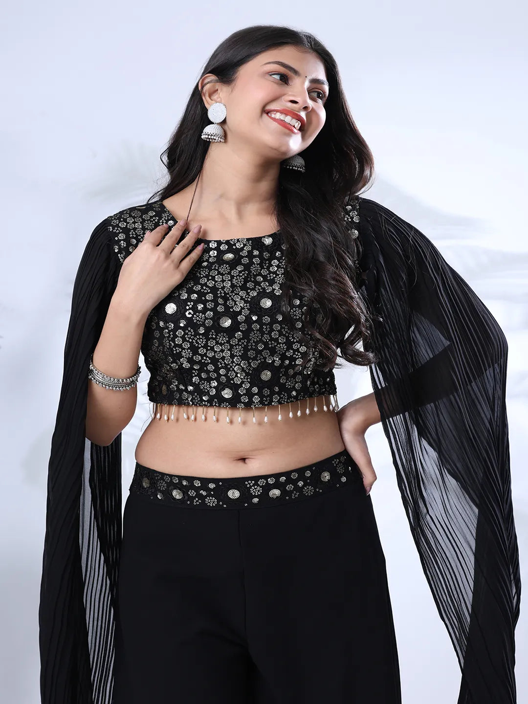 Georgette Floral Embroidered Sequined Crop Top with Palazzo