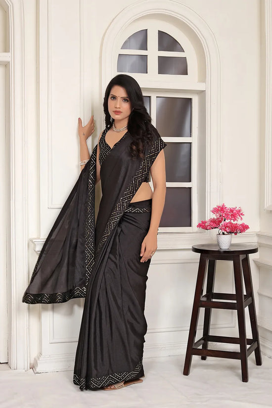 Pionex Ready To Wear Chinon Solid Saree With Embroidered Border