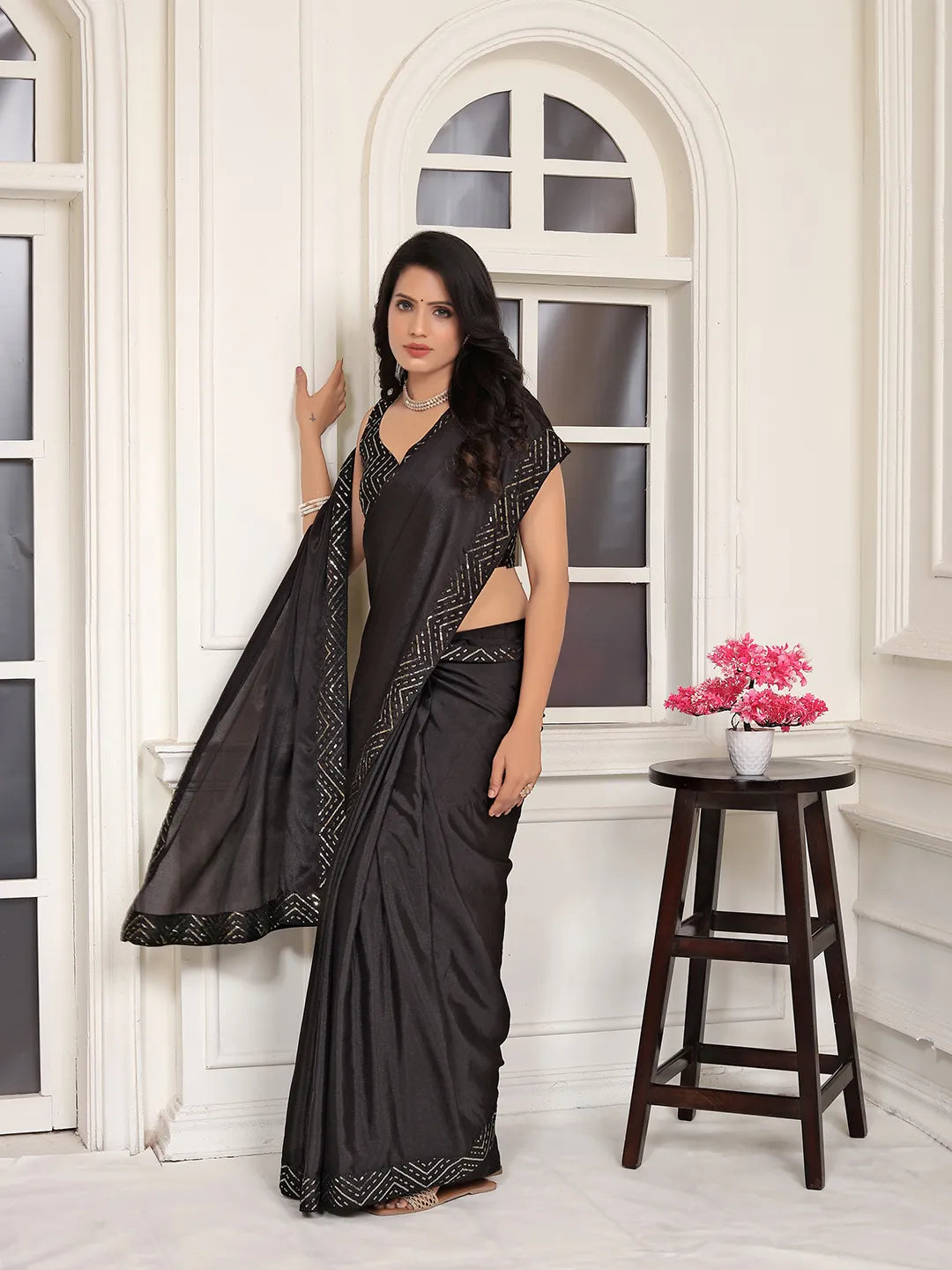 Pionex Ready To Wear Chinon Solid Saree With Embroidered Border