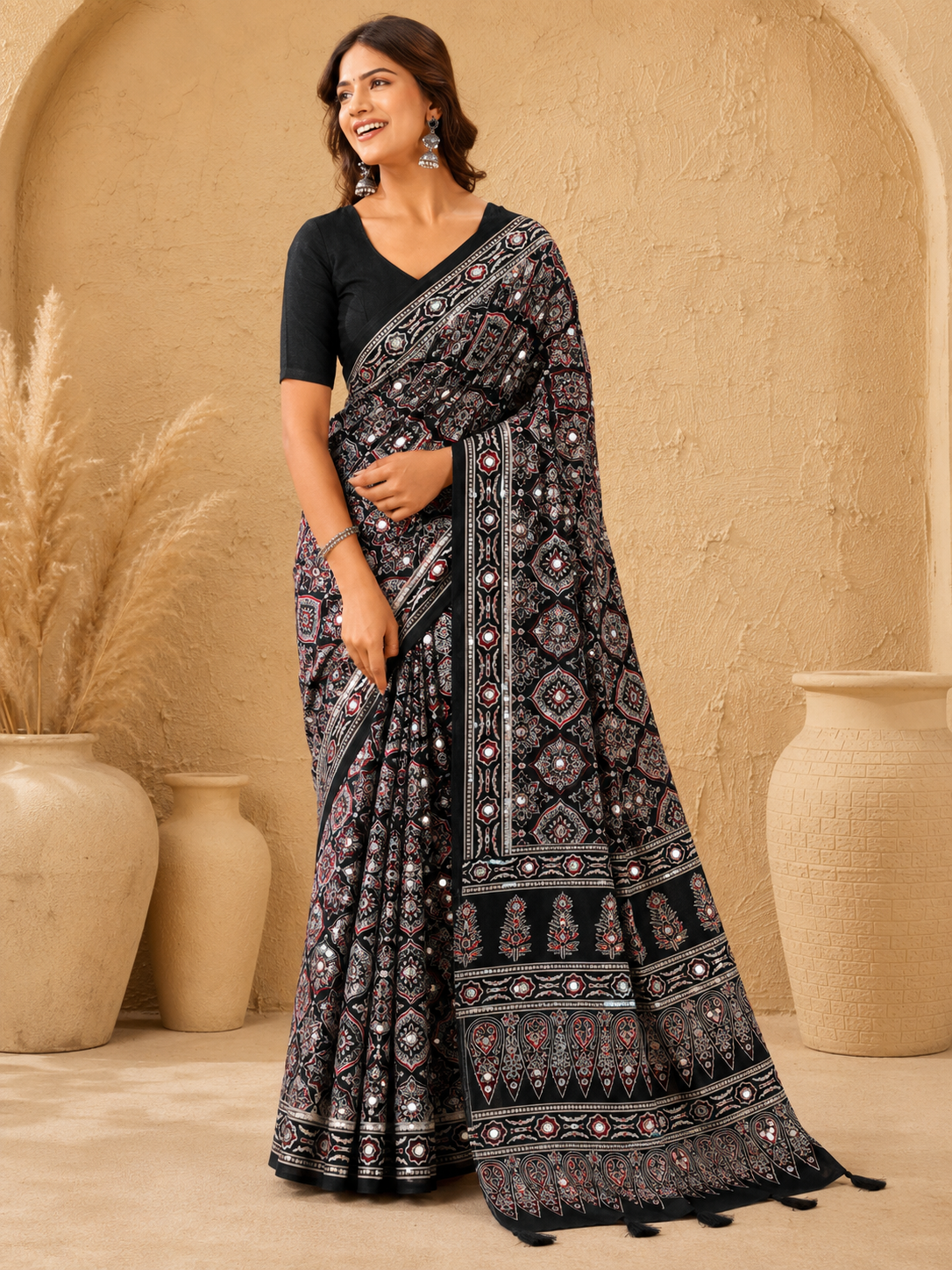 Silk Crepe Printed Saree with Attached Real Mirror Work & Matching Blouse Piece