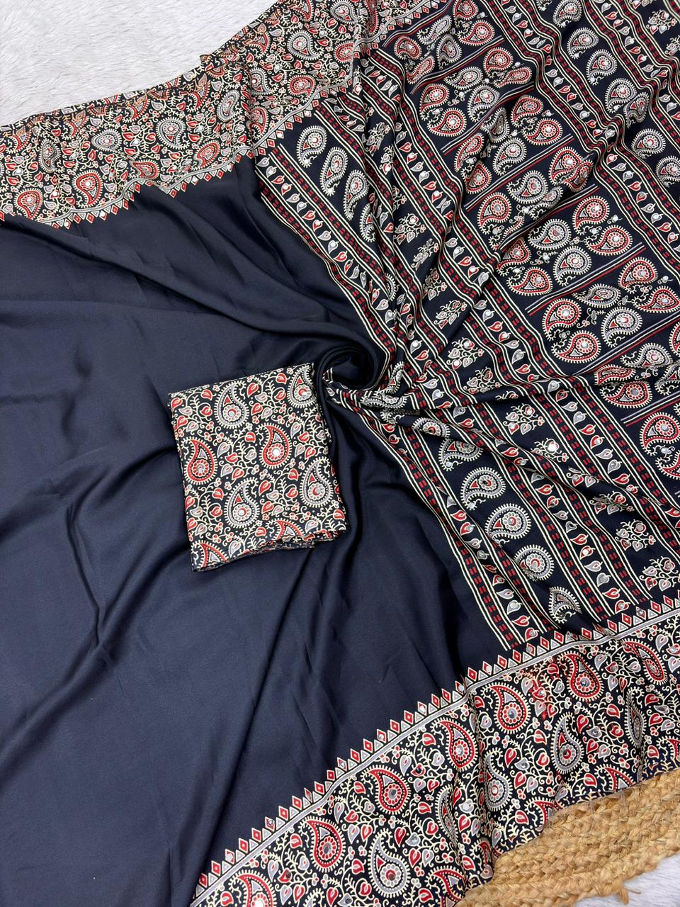 Soft Satin Ajrakh Printed Saree with Mirror Work