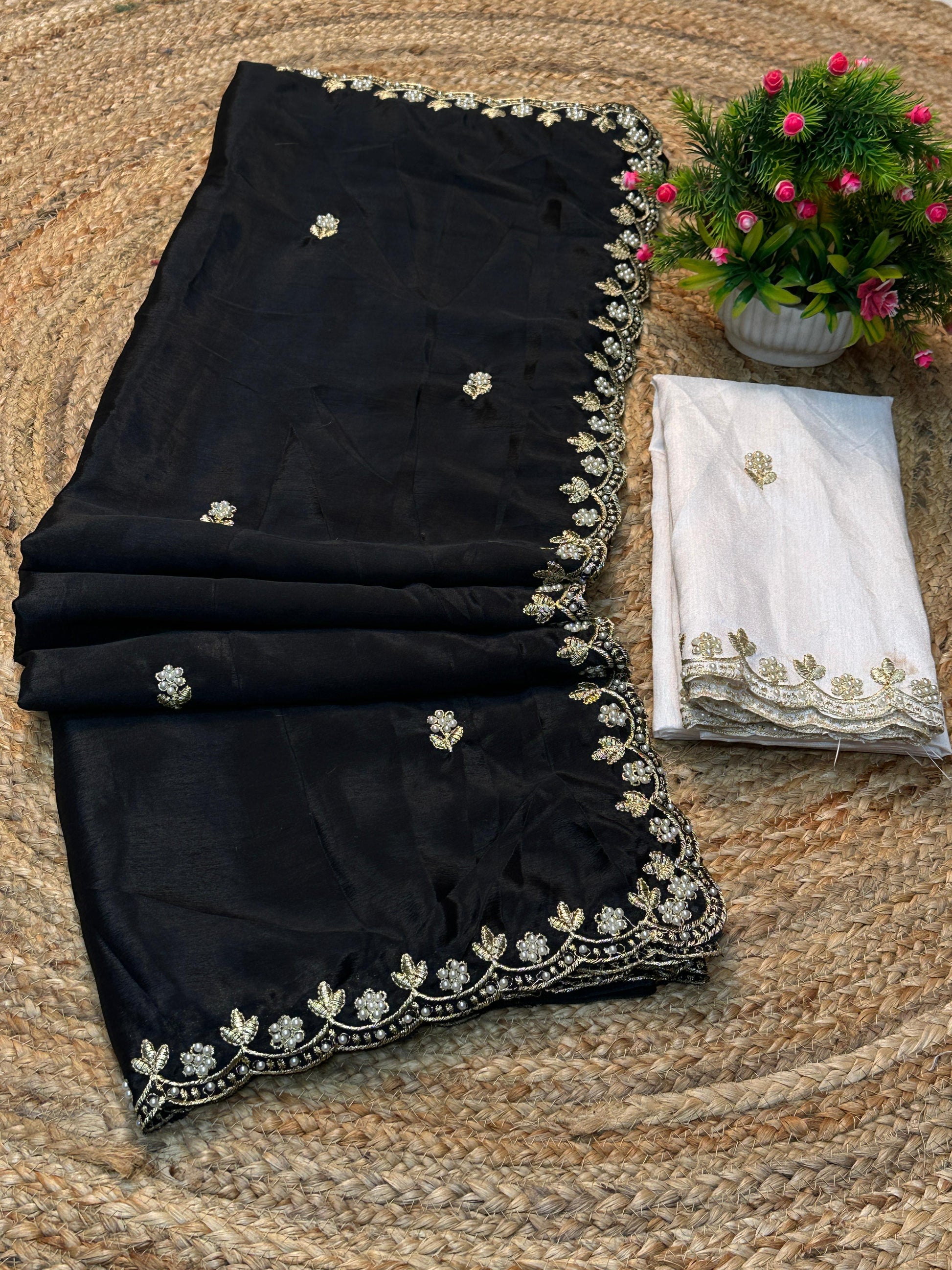 Silk Chinon Saree with Embroidery, Thread & Moti Work