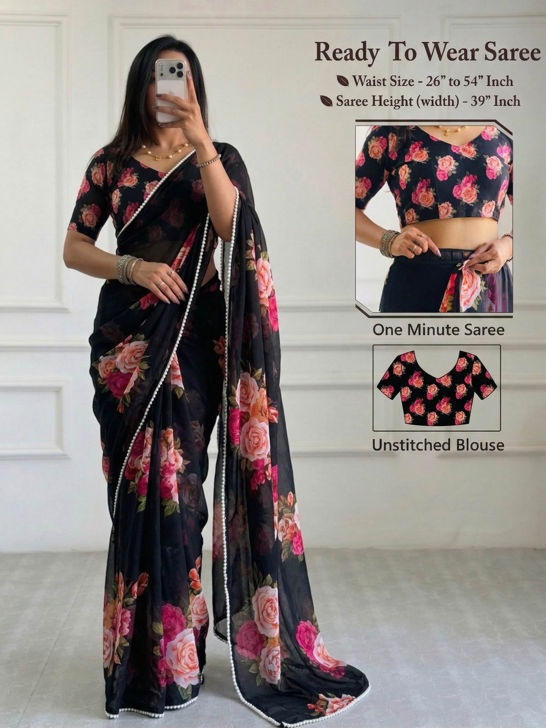 1-Mintue Ready-to-Wear Floral Printed Georgette Saree with Pearl (Moti) Work Border