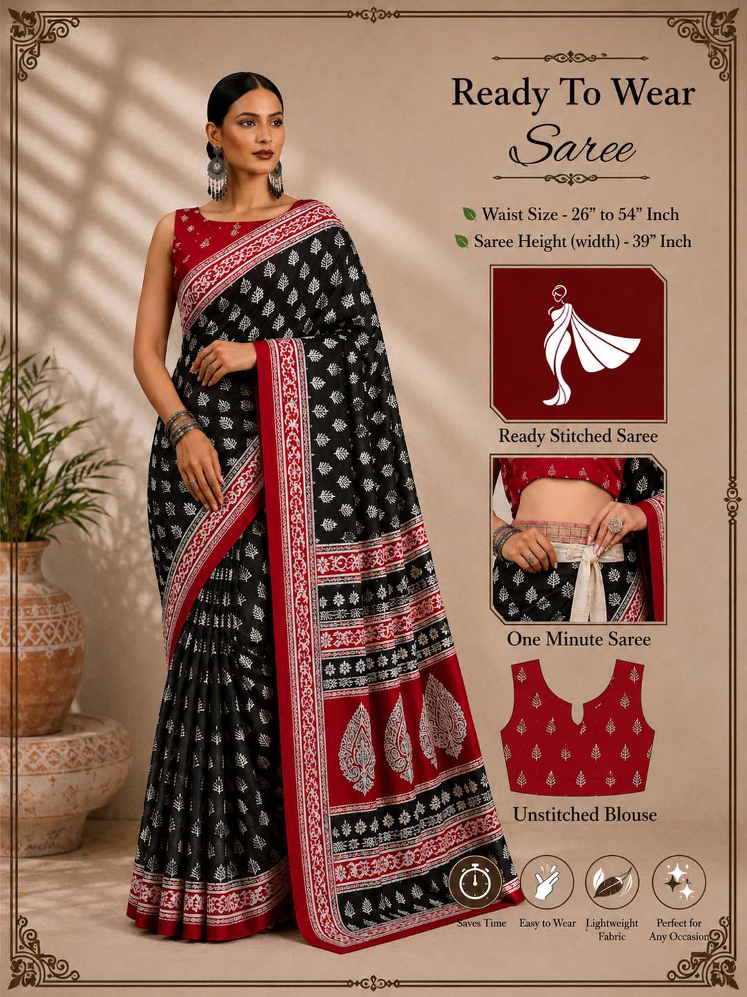 Ready to Wear Jaipuri Mul Cotton Geometric Printed Saree for Women
