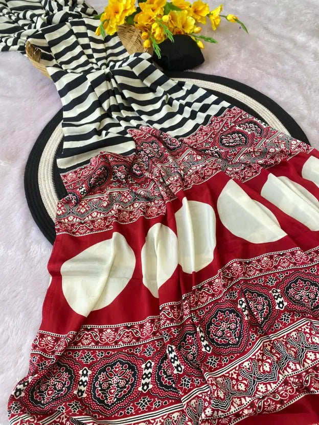 Printed Satin Saree with Unstitched Blouse Piece