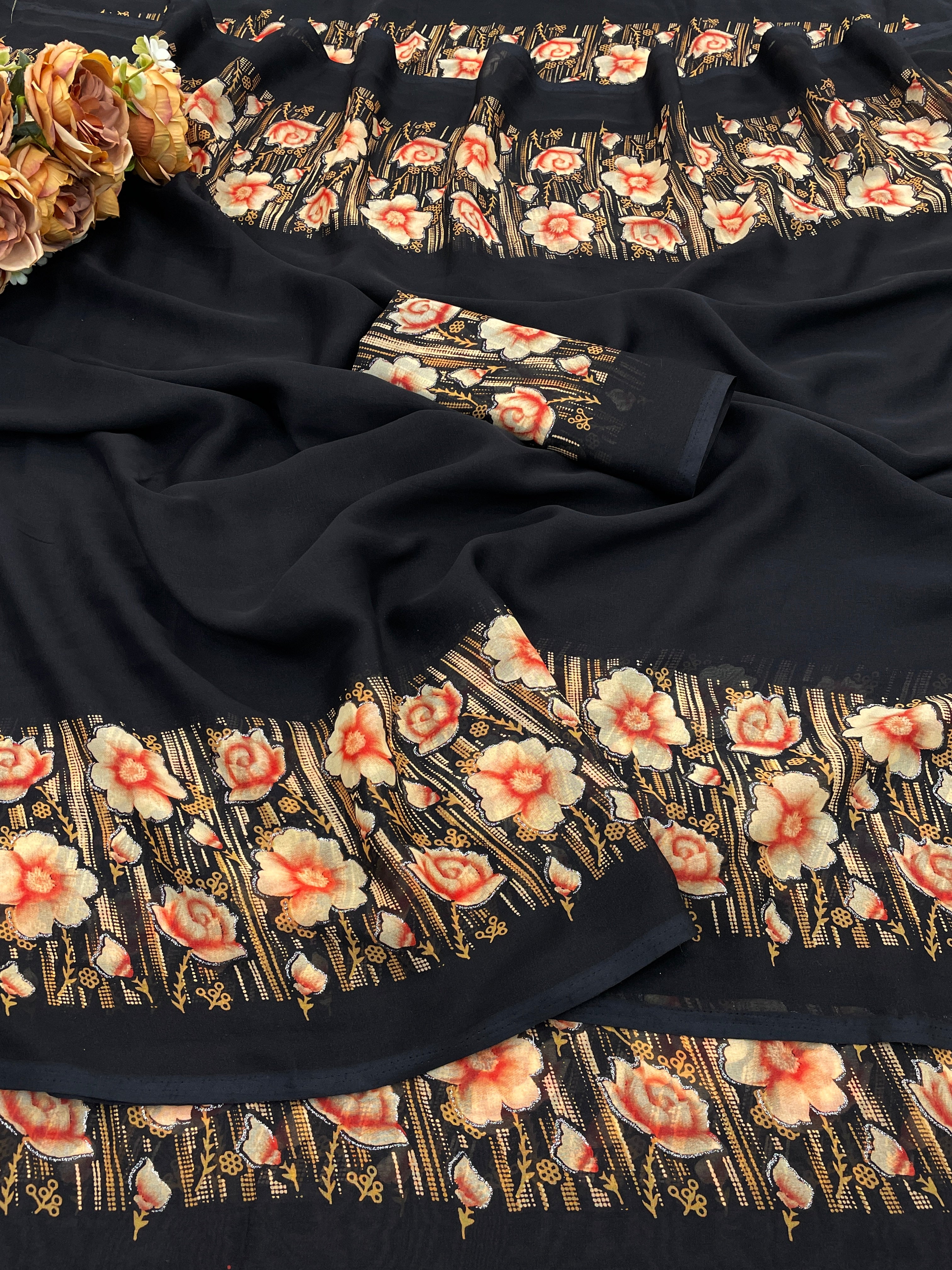 Elegant Floral Border Print Georgette Border Saree