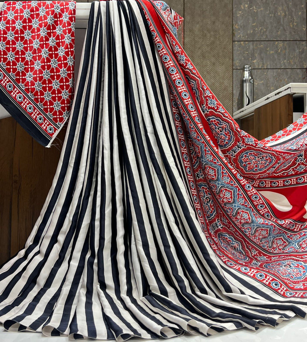 Printed Satin Saree with Unstitched Blouse Piece